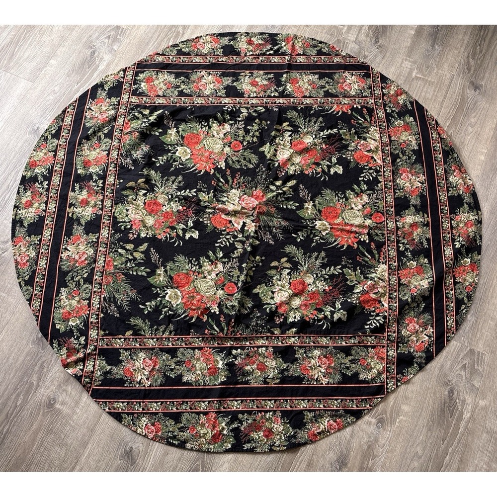 April Cornell Tablecloth 65x68 Round Red Pink Green Floral Merry Black Cotton